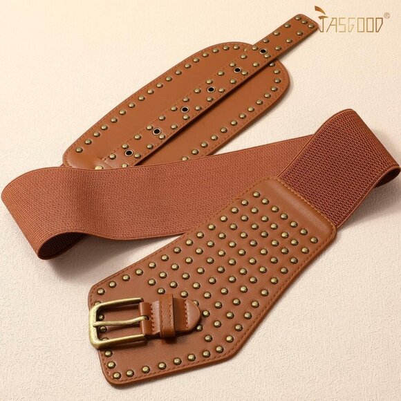 Women\'s Elastic Wide Belt Vintage Studded Stretchy Waist Belts Dress Pants Brown main image 4